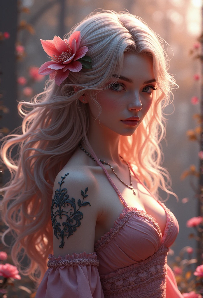 23 year old girl, rootless platinum blonde, light blue eyes, large breasts size 36c.
Create a hyper-realistic digital painting depicting a stunning concept art model looking directly into the camera lens. The scene features her surrounded by swirling wet rose petals and tiny fire-colored particles dancing in the air. Her long hair cascades down her back, partially covering her toned butt and sheer panties. The tight-fitting top accentuates her curves, while her short skirt rises to reveal more of her surreal-style body art tattoos on her breasts. From above, capture the intricate details of its glass linen adorned with ultra-shine, marble, 3D volumetric graffiti, gold, ruby, and bronze accents. Her long hair flows like a river around her face, framing her features. A dramatic extreme cinematic shot shows her extremely cute butt emphasized by sheer panties and wet rose petals swirling in the air. The model's profile is captured from the side, highlighting her perfect symmetry and the complex details of her body art tattoos. Her gaze remains fixed on the camera, exuding confidence and sensuality. In a 360-degree view, the model reveals her incredible physique, with a central composition that draws attention to her stunning features. The background is bathed in cinematic surround lighting, with deep shadows adding depth and dimensionality. Post-production and HDR improve the quality of the image, making it a masterpiece of ultra-realistic photography, shot at 8k resolution.