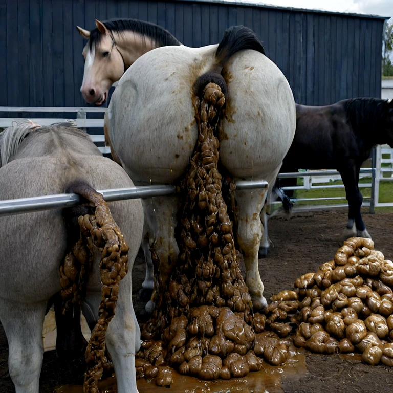full rear(100) view of large fat wide hairy Shire horse stallion with lumps of horse dung pouring out of the centre of a big bum and sliding down legs. facing away from view point - towards horizon. wide open rectum and anus in full view full of horse dung. tail to left side. ((masterpiece)), ((best quality)), ((highres)), ((extremely detailed)), ((close shot, back view)), (super realistic) . anatomically correct. horse surrounded by lumps of steaming dung. open field. bright sunny sky. view includes legs and hoofs