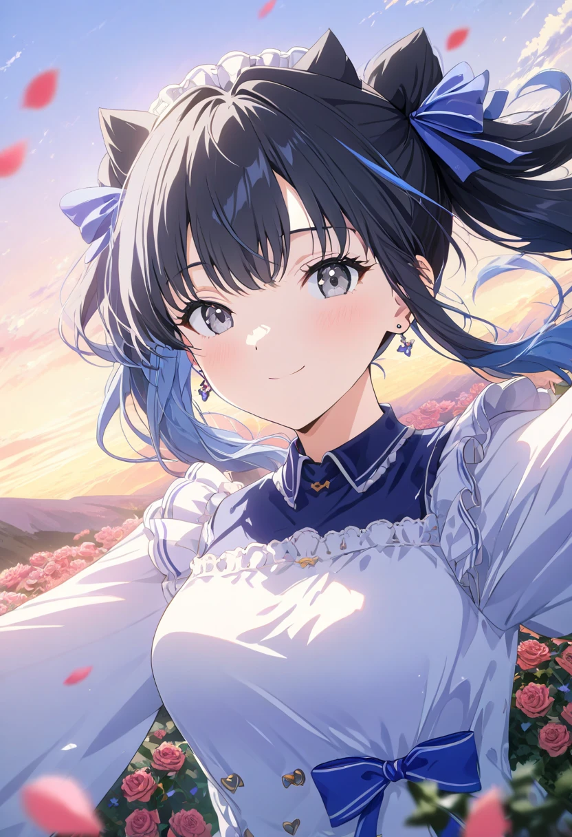 (masterpiece, highest_quality), very be familiar with cg unity 8k wallpaper, wonderful_Are you okay_figure, BREAK 1girl, (((grey eyes))), ((twintails, blue hair ribbon)), ((medium breasts)), long hair, wide hips, (((black hair))), (shy smile), anime style 4k, beautiful anime portrait, anime moe art style, anime art wallpaper 4k, High quality anime art style, anime style portrait, be familiar with digital anime art, anime art wallpaper 8k, cute anime girl portrait, whole body, BREAK depth of field, perfect hands, nice fingers, Earrings, blue sweatshirt, skirt, light smile, side view, rose garden background, perfect composition, sunset light, sky, clouds, flying rose petals,wind, mountains, yard, top view, wide view delicate face, line art, kawaii aesthetic, 32k uhd, multilayer, (Depth of field, cinematic angle, cinematic lighting:1.2), (masterpiece:1.2), (best quality:1.2), (very aesthetic:1.2), (absurdres:1.2)(detailed background), newest, intricate, taking selfie, 