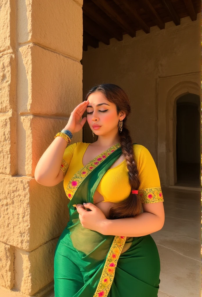 A serene South Asian woman,adorned in a vibrant green saree with yellow borders and floral patterns,leans against a rustic stone wall beneath a warm,golden light. Her fair skin tone glows against the rich hues of her attire,accentuating her voluptuous figure. The plunging neckline of her bright yellow blouse showcases her prominent breasts,while her long,dark hair is stylishly braided and draped over her shoulder. A delicate nose ring and intricate gold jewelry adorn her face,punctuating the soft features of her closed,contemplative eyes,which are framed by thick eyelashes. A subtle,gentle touch of her left hand on her forehead conveys a sense of calm and introspection,as if she is lost in thought or posing for the camera. The background,with its distinctive stone and wood elements,suggests a traditional Indian courtyard or rural setting,bathed in the soft,warm glow of late afternoon or early evening. A warm,golden light spills over the scene,casting long shadows and imbuing the atmosphere with a sense of tranquility and cultural richness. The overall color palette,with its emphasis on greens,yellows,and reds,evokes a sense of festivity and celebration. Cinematographically,the scene is reminiscent of the works of legendary director,Satyajit Ray,with its emphasis on natural light,subtle camera movements,and attention to detail. The film grain is subtle,with a slight texture that adds to the organic,earthy feel of the scene. Color grading is warm and natural,with a slight enhancement of the vibrant colors to create a sense of depth and dimensionality. The camera is positioned at a slight angle,looking up at the woman,creating a sense of intimacy and closeness. With a focus on the woman's serene expression and the rustic beauty of the background,the scene is a perfect blend of cultural authenticity and artistic expression,as if captured straight from the pages of a classic Indian novel or film documentary photography of a flyweight show her as belly dancer n saree as a