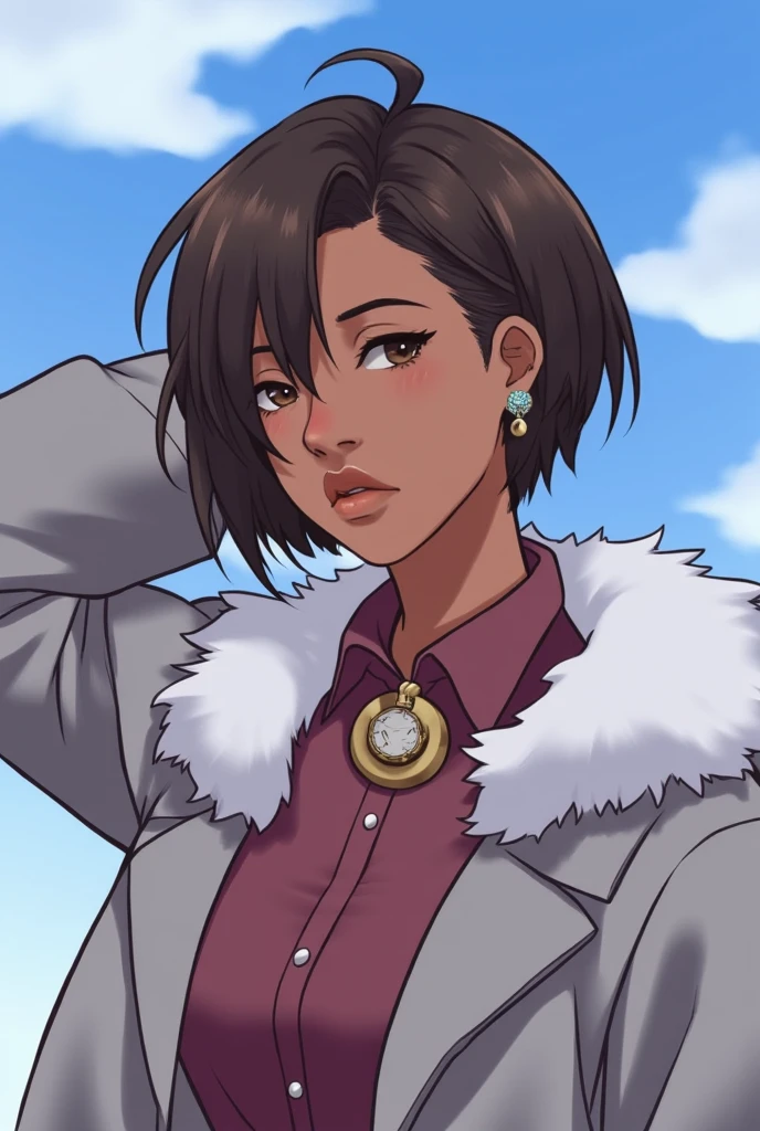 aesthetic posing, 1girl, solo, short hair, brown hair, long sleeves, holding, brown eyes, jewelry, jacket, upper body, flower, earrings, sky, day, dark skin, arm up, dark-skinned female, blue sky, lips, coat, fur trim, blue background, realistic, pharah (overwatch)