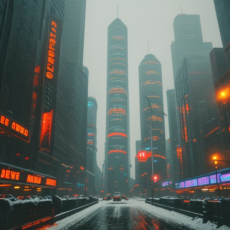 extremely detailed city landscape, worm's eye view, retro 1980s cyberpunk city, skyscrapers and buildings, snow, snow-covered, cold, cold weather, snow((Heavy snow)), vintage, old photo effect, dramatic lighting, moody atmosphere, neon lights, hazy depth of field, retrofuturistic, cinematic, highly detailed, photorealistic