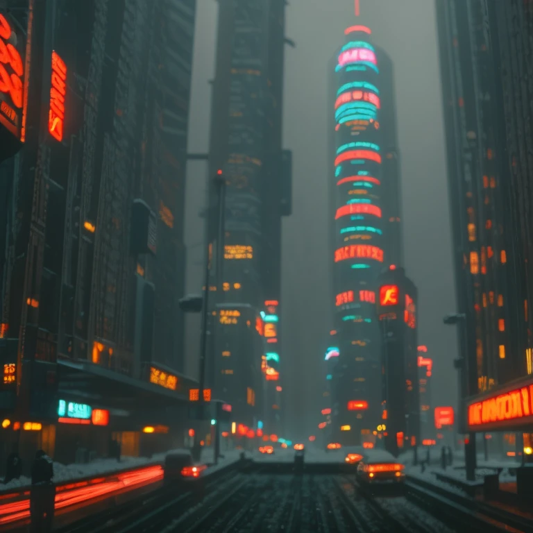 extremely detailed city landscape, worm's eye view, retro 1980s cyberpunk city, skyscrapers and buildings, snow, snow-covered, cold, cold weather, snow((Heavy snow)), vintage, old photo effect, dramatic lighting, moody atmosphere, neon lights, hazy depth of field, retrofuturistic, cinematic, highly detailed, photorealistic