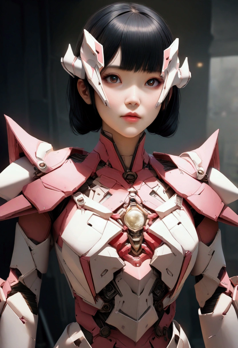 a young japanese girls , tan skin .19  year old girls wearing a pink and white exoskeleton armor, a robot face on his chest , malaysian mullet wolfcut hairstyle. Red ear mount . black hair mix little white hair. , detailed face and eyes, highly detailed, 8k, photorealistic, cinematic lighting, concept art, sci-fi. Led light blue.led light robot face on body Punisher. Marvel. Alien robot face on body. Mechamato. Robot face on chest. Talking robot on chest. Robot emoji on body.