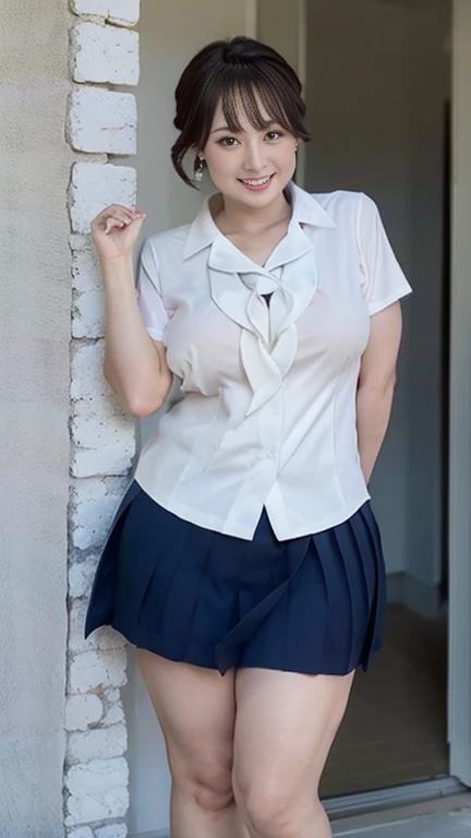 full body shot, from below,  Japanese Mature Woman,  detailed face, smile,  white skin, (curvy body, Large Breasts,  Plump Thighs:1.6), ( school uniform,  navy blue super short pleated mini skirt, JK_style, short-sleeved JK_shirt, JK_tie, earrings:1.2), (Short socks,  wearing loafers :1.2), ( take a picture of the whole body from toe to head, I'm standing at the seaside and taking pictures:1.2), ( surrealism, best quality, ultra detailed, absolutely resolution, 8k, anatomically correct), depth of field, looking at viewer, tachi-e, Inoue Tsinghua,  short bob hair