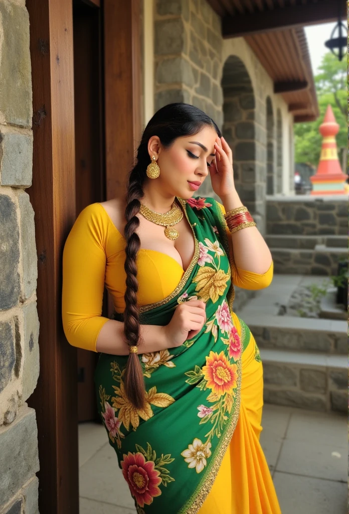 The photograph captures a woman in a traditional Indian outfit, leaning back against what appears to be an outdoor setting, possibly a courtyard or a traditional Indian structure, with stone walls and a wooden pillar in the background. The woman is of South Asian descent, with a fair skin tone and a voluptuous figure, particularly emphasized by her large breasts, which are prominently displayed in a bright yellow blouse with a plunging neckline. 

She is wearing a green saree with floral patterns and yellow borders, draped over her right shoulder. Her saree's pallu (the loose end of the saree) has intricate embroidery and a gold trim, hanging loosely. She has adorned herself with gold jewelry, including a nose ring, bangles, and a necklace. Her long, dark hair is styled in a single braid, draped over her shoulder. 

She wears vibrant red lipstick, and her eyes are closed, with a serene, relaxed expression, suggesting she is lost in thought or perhaps posing for the camera. Her left hand touches her forehead gently. The background shows a mix of stone and wood, suggesting an outdoor setting, possibly in a rural or traditional Indian environment. The overall color palette is vibrant, dominated by greens, yellows, and reds, evoking a festive, cultural atmosphere.