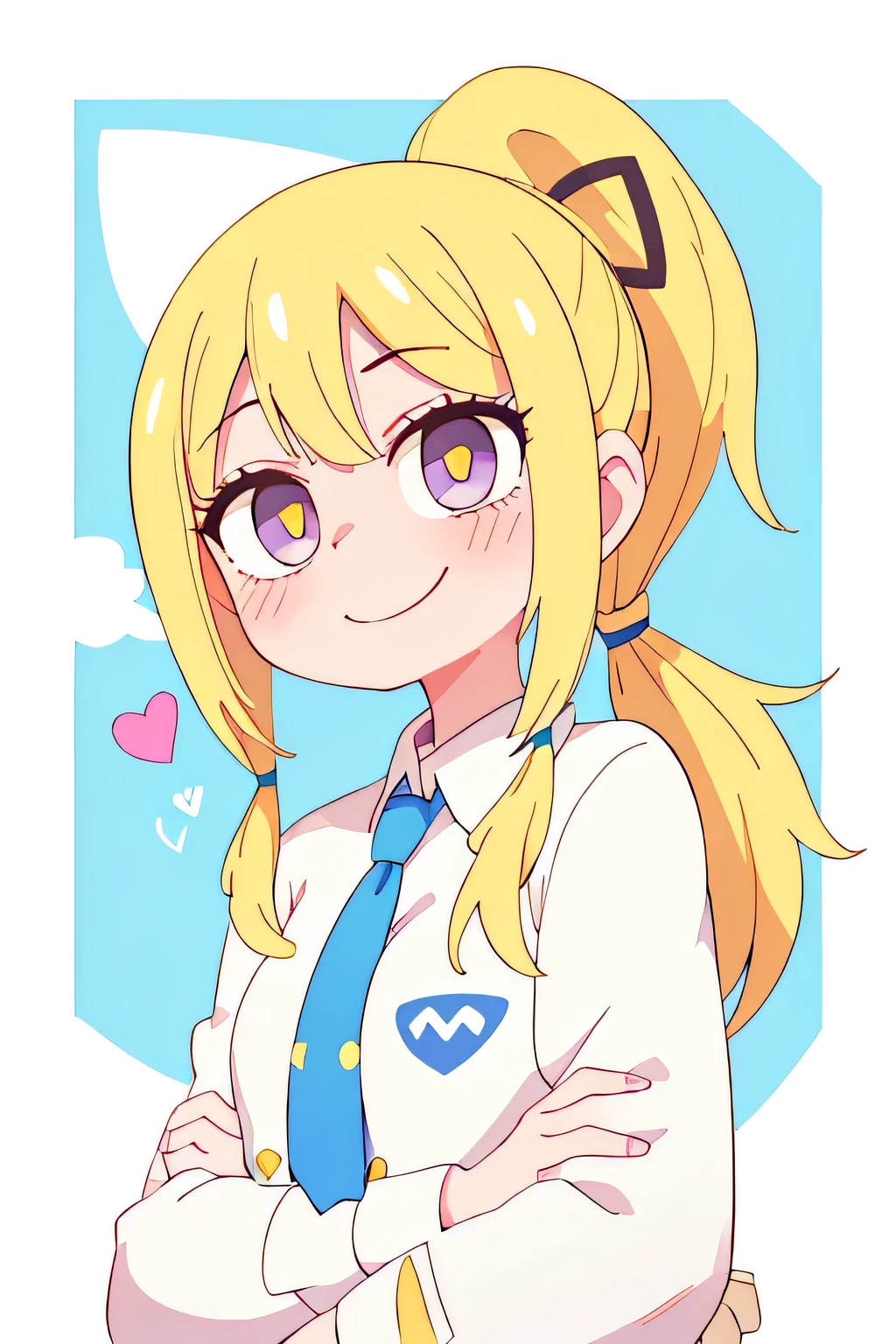 (master part, best quality:1.2), 1 girl, 1 small lucy heart filia , blonde hair, Big yellow ponytail hairstyle, brown eyes , white clothes and light blue , smug smile , blush , heart eyes