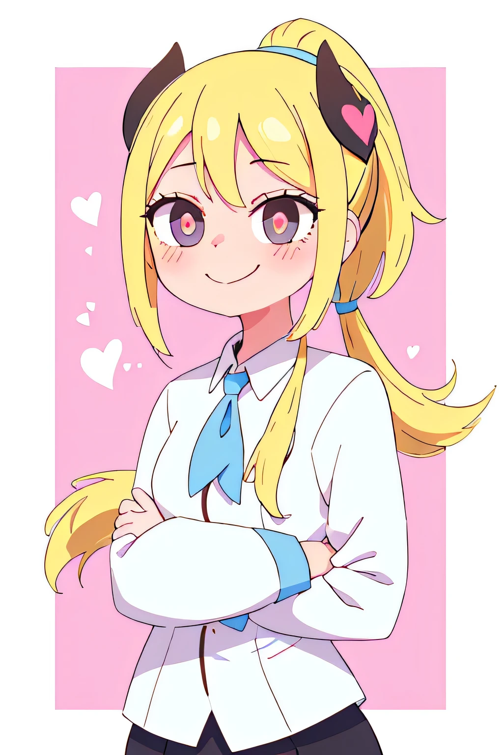 (master part, best quality:1.2), 1 girl, 1 small lucy heart filia , blonde hair, Big yellow ponytail hairstyle, brown eyes , white clothes and light blue , smug smile , blush , heart eyes