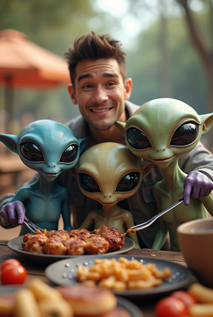One guy taking a selfie with a group of green aliens, high details of the face and skin, high detail, logo: "neuro"