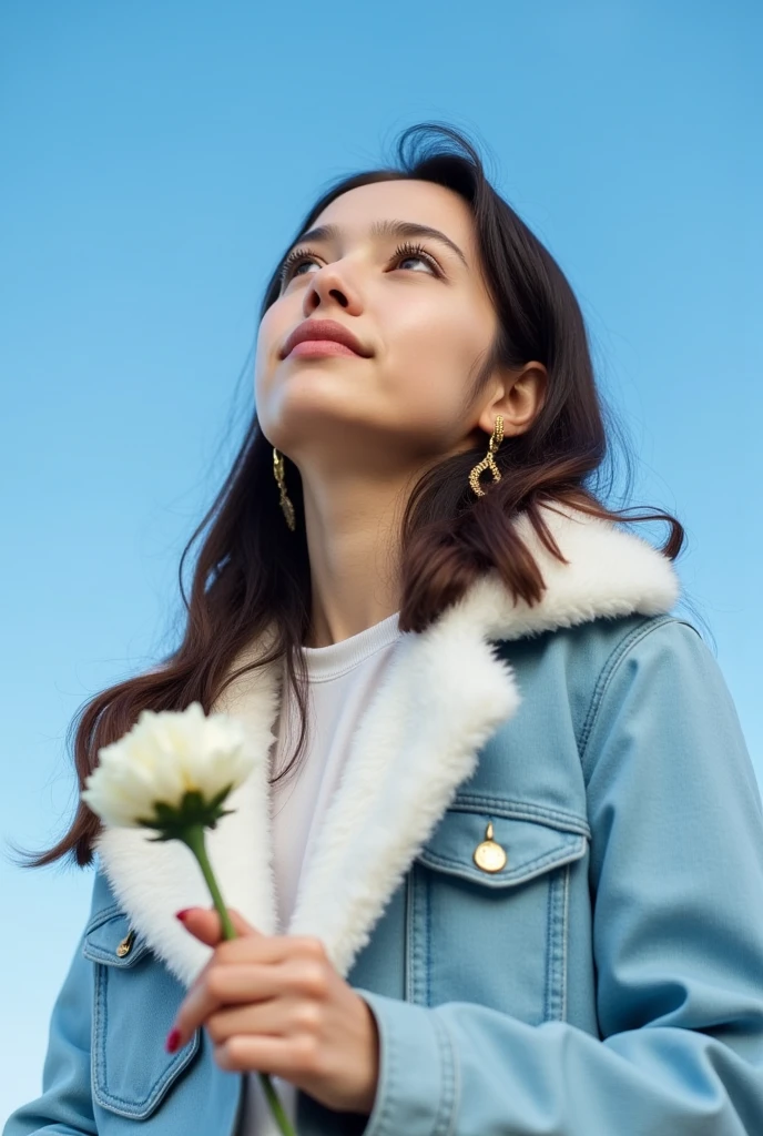 The image is a portrait of a young woman standing against a clear blue sky. She is wearing a light blue denim jacket with a white fur collar and gold earrings. Her hair is styled in loose waves and she is holding a white flower in her right hand. The woman is looking up towards the sky with a peaceful expression on her face. The overall mood of the image is calm and serene. aesthetic posing