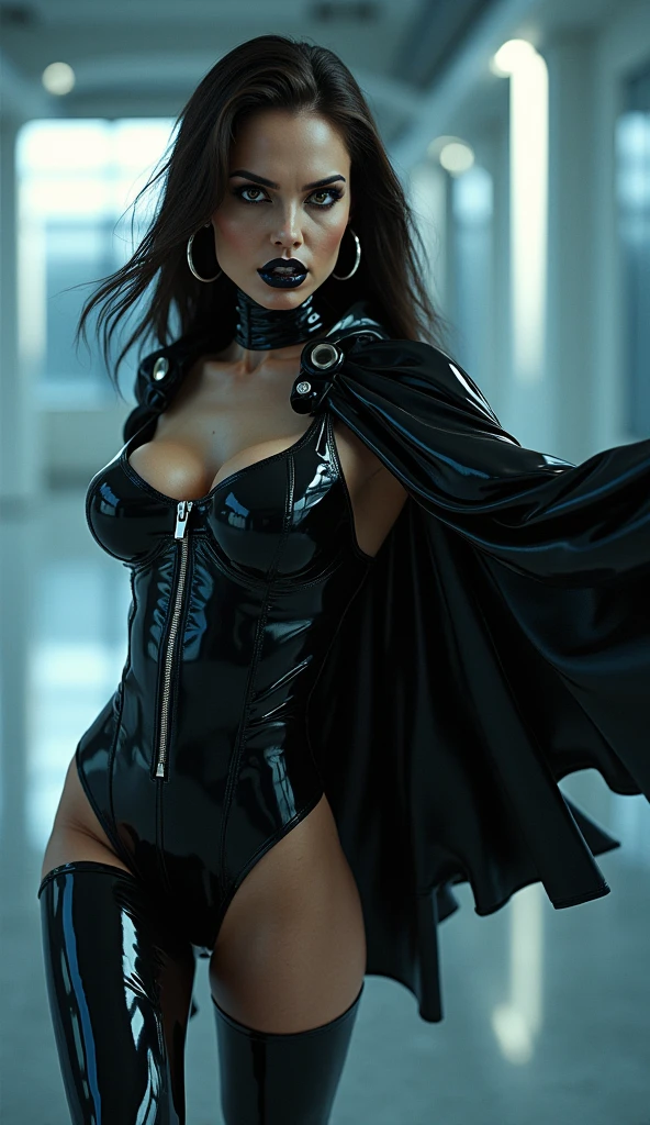 European female portrait science fiction style, long black hair, gothic appearance, black lipstick, beautiful, intimidating, small body, black leather corset with silver details, realistic body top 8k cinematic, dof, lightroom, space background, moody lighting, intense, batgirl, dressed with cape, wearing batman mask, realistic reflection, gotham city background, dusk,  moon, smoke, lights, super detailed skin, skin pores,