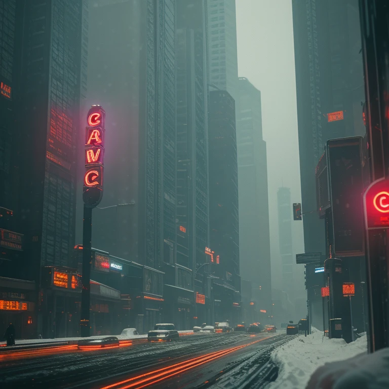 extremely detailed city landscape, worm's eye view, retro 1980s cyberpunk city, skyscrapers and buildings, snow, snow-covered, cold, cold weather, snow((Heavy snow)), vintage, old photo effect, dramatic lighting, moody atmosphere, neon lights, hazy depth of field, retrofuturistic, cinematic, highly detailed, photorealistic