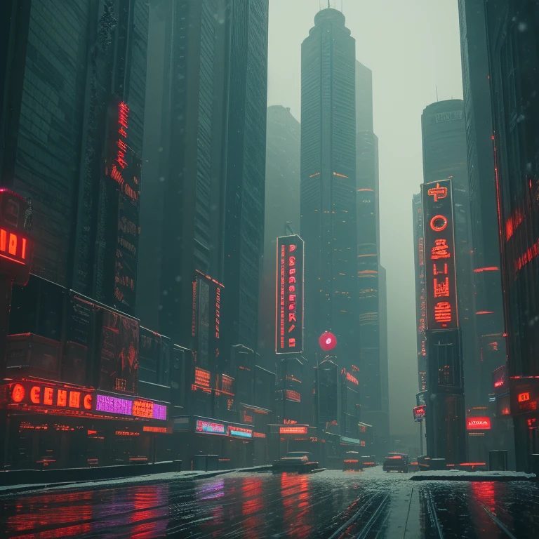 extremely detailed city landscape, worm's eye view, retro 1980s cyberpunk city, skyscrapers and buildings, snow, snow-covered, cold, cold weather, snow((Heavy snow)), vintage, old photo effect, dramatic lighting, moody atmosphere, neon lights, hazy depth of field, retrofuturistic, cinematic, highly detailed, photorealistic