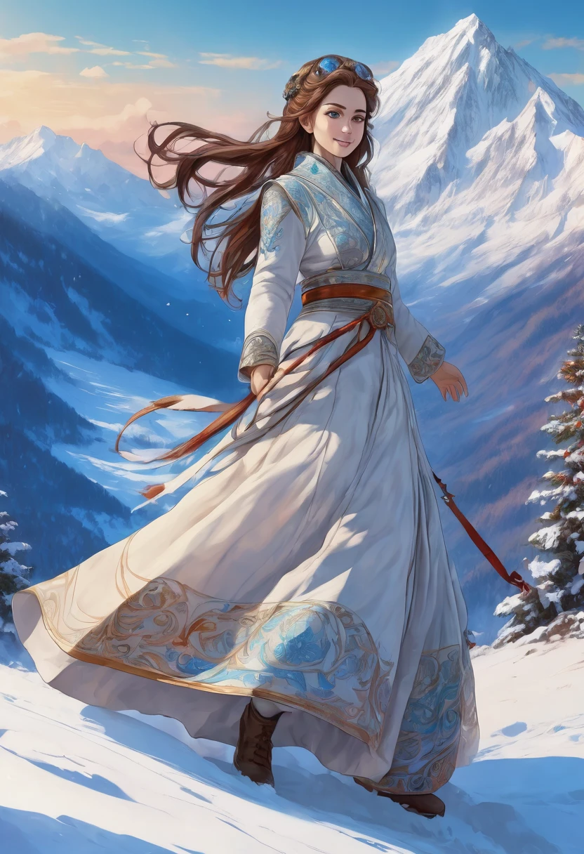 full body, ass focus, stunning intricate full color portrait, epic character composition, portrait of beautiful smiling woman, pale blue eyes, long brown hairs, snow-covered mountain,  medium ass, anime absurdres illustration, drawing, masterpiece, best quality, epic composition, colourful, (lineart:0.6) 