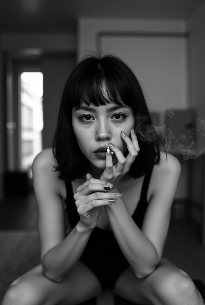 a black and white portrait of a young woman smoking a cigarette. She is sitting in front of a window with smoke coming out of it. The woman has shoulder-length dark hair with bangs and is wearing a sleeveless tank top. She has a serious expression on her face and is holding the cigarette in her right hand with her left hand, as if she is deep in thought. The background is blurred, but it appears to be a room with a window and a door. The overall mood of the image is somber and contemplative. aesthetic posing