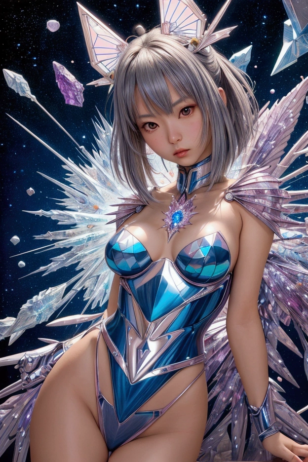 A magnificent composition,Photorealistic,Super detailed,Very detailed,Ray Tracing,Upper Body,One person,alone,Exposing shoulders,Beautiful Face,Beautiful Eyes,crystallization wings,The skin is torn, exposing the internal wires,crystallization components,spark,Seeing the inside,crystallization,