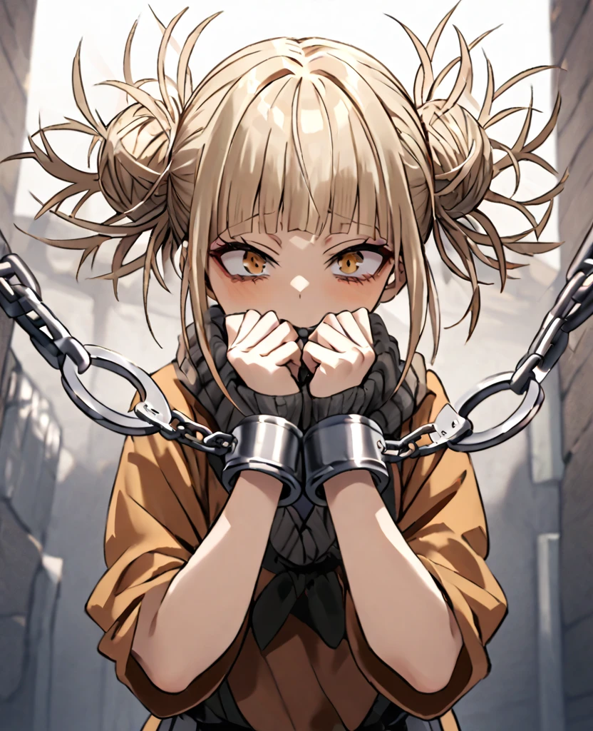  Himiko toga from My Hero Akademia 
Handcuffed with her hands folded in front (detained) with the cuffs wrapped around their wrists in each hand with a small chain joining the ends of the handcuffs (alone)