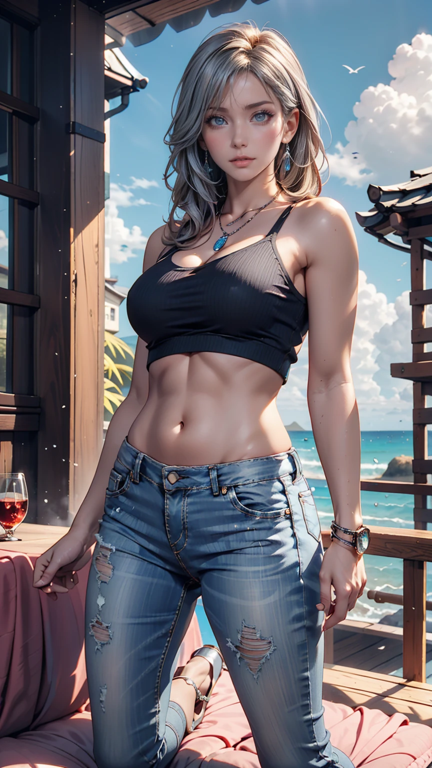 muscular, thick thighs, wide hips, huge perky ass, very pale fair white skin, long black hair, big blue eyes, most beautiful 21yo American woman on earth, detailed face and eyes, looking at viewer, masterpiece, best quality, shallow depth of field, 8K HDR, huge breasts, 85mm photo, shallow depth of field, tack sharp, solo, 1girl, face extremely close to camera, downblouse, cleavage, plump full lips, exaggerated hourglass physique, zero body fat, muscle definition, striations, broad shoulders, deltoids, tiny waist, long lean torso, shredded eight pack abs, obliques, real hands, extremely seductive smile, from front, behind the bar, dutch angle, bikini top, jean shorts, (bartender, wiping the bar, beach bar, bent down, leaning forwards:1.2)