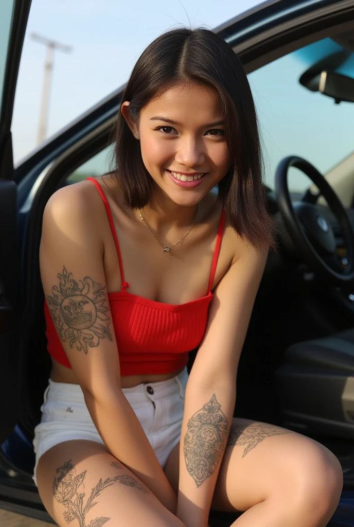 "Create an image of a young woman with dark hair and braces, smiling and sitting by an open car door. She is wearing a red crop top with thin straps and white shorts, showing several detailed black tattoos on her arms and legs. The tattoos include intricate designs, a sun motif, and other unique artwork. The setting is outdoors on a sunny day, and the background is slightly blurred, focusing attention on her cheerful expression and the artistic tattoos."