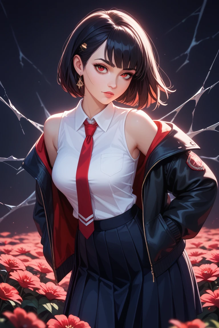 long black hair, red eyes, ((school uniform, white sleeveless shirt, red tie, black skirt, black jacket, jacket with bronze edging on the collar, jacket hanging on her arms)), Lorraine Archibalt, woman, facing the viewer, ((best quality, high quality)), ((dark light, dark background, red flowers at the bottom, cracks on the background)), standing, ((head:1, hips, elbows, in sight)), ((cool looking))