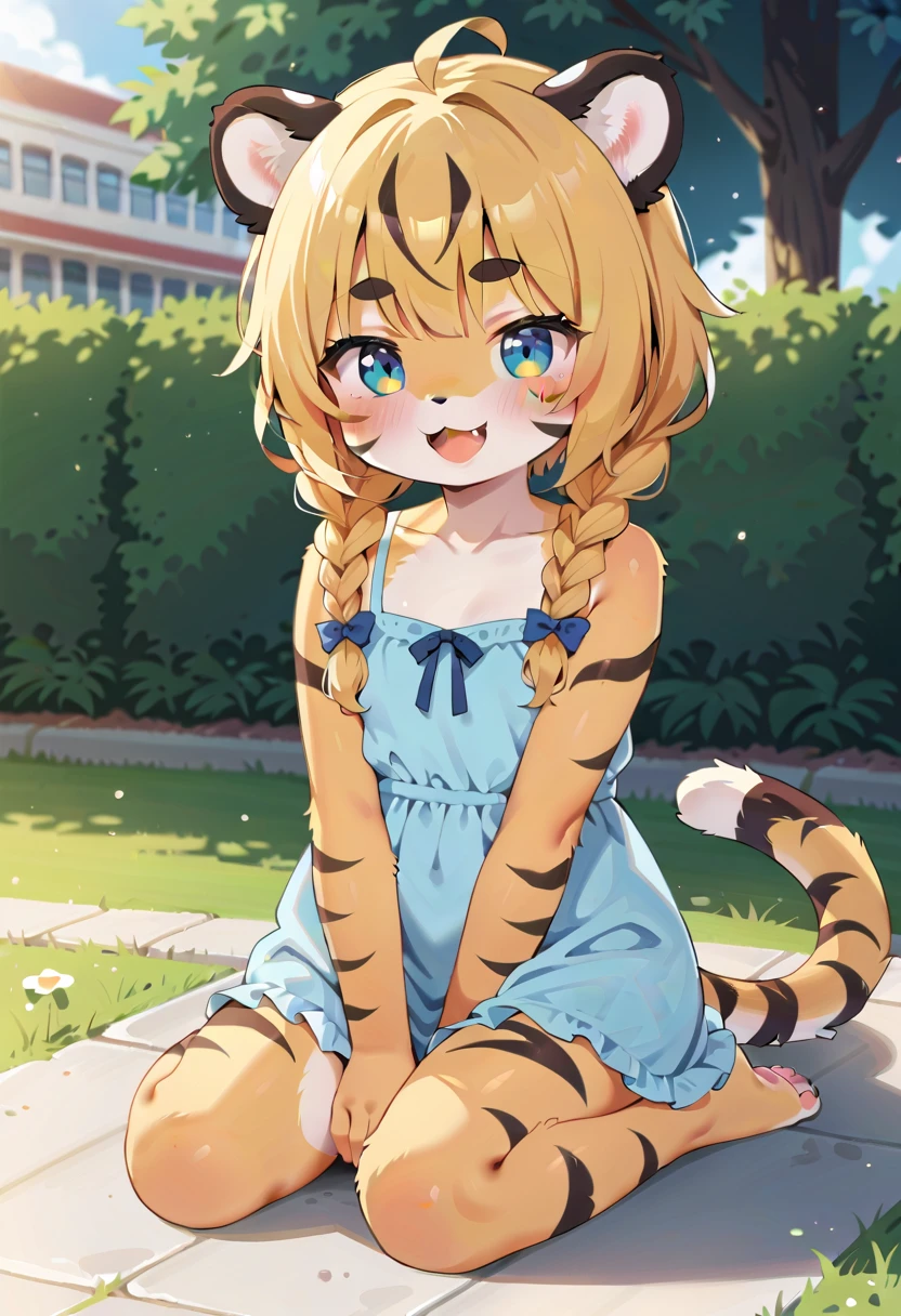 masterpiece, high resolution, best quality, baby body, baby height, flat chest, baby face, furry tiger  girl sits on the ground in the park and draws pictures with crayons., happy, sundress, tiger ears, tiger tail, fluffy fur, multicolored hair, twin braids, piercing, makeup, tattoo, public