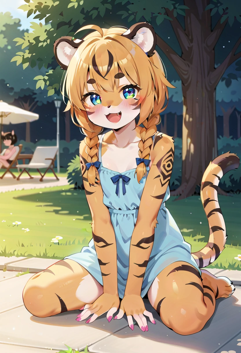 masterpiece, high resolution, best quality, baby body, baby height, flat chest, baby face, furry tiger  girl sits on the ground in the park and draws pictures with crayons., happy, sundress, tiger ears, tiger tail, fluffy fur, multicolored hair, twin braids, piercing, makeup, tattoo, public