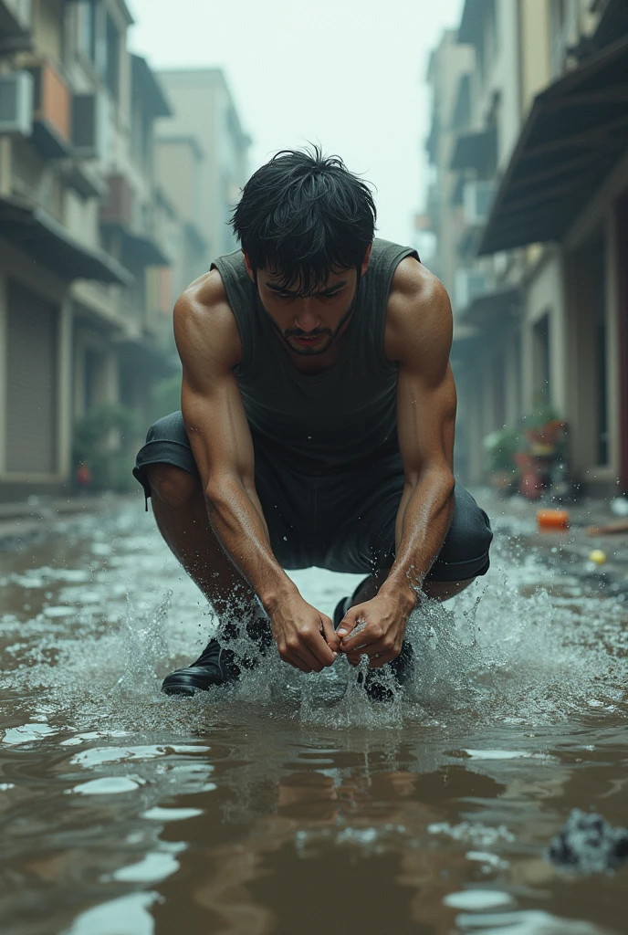 25 year old man, looks thin because of starvation for 3 weeks, in the middle of a dense forest covered in mud, heavy rain, lightning strike in the sky. Crawl