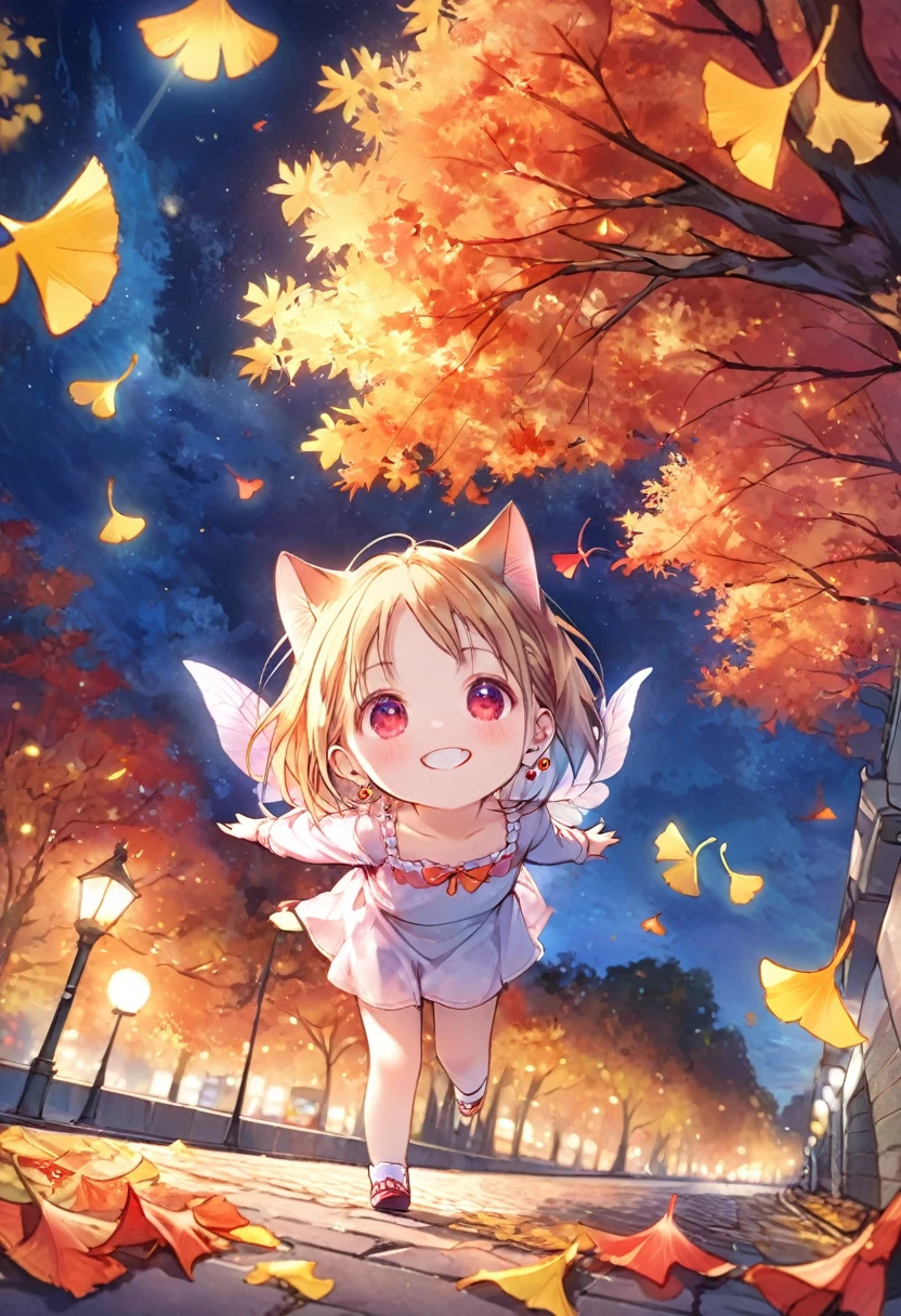 ((best quality, high resolution)), (delicate illustration), (pastelcolor style illustration:0.7), (watercolor style illustration:0.4), ((beautiful:1.3)), 4k, ((Autumn, Ginkgo leaves in autumn, on roadside trees, sidewalks at night, illuminated autumn leaves, a girl walking while looking up at the autumn leaves, cinematic lighting,look at viewer,)),((small breasts)), a fairy girl, Height 18cm, happy, delightful, cheerful grin, looking at viewer, bob cut, blonde, red eyes, tsurime, tiny, slim, with cat ears, with feather Dragonfly wings on back, baby face, hair ornaments, earrings,Long sleeves, from directly below, lens flare, ,