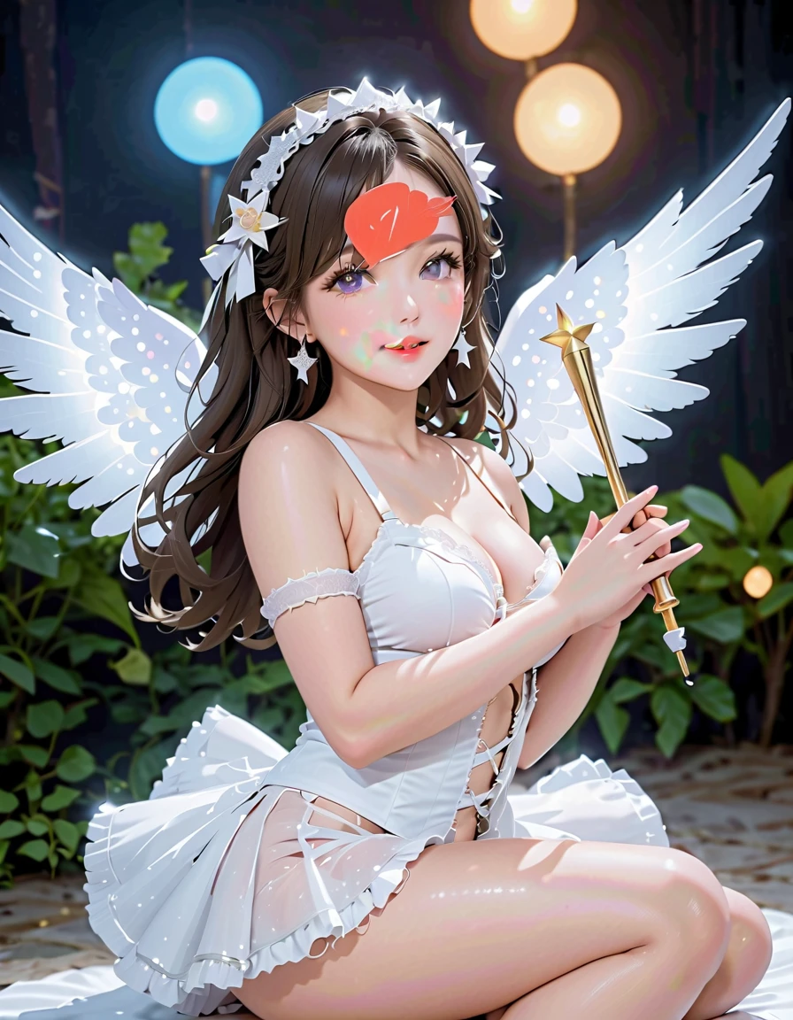 Sakura Card Captor, semidesnuda, iconic costume with angel wings,very sexy small clothes,she has his Star Wand in his hand, guantes blancos adornados, adulta, magic cards around you, cuerpo muy delgado, super skynny body, small and beautiful buttocks, abdomen tonificado, I can see her beautiful and perfect small breasts,piernas hermosas, manos perfectas, intelligent, poder resplandeciente en su cuerpo, obscena, super powerful, sensual, In the background is the Tokyo Tower of Japan, se observa la luna grande en el fondo,mirada sensual, ojos hermosos,short hair, classic hairstyle,Hair dyed in bright brown color, Best quality,8K,A high resolution,Masterpiece,Ultra detailed,Realistic, Photorealistic,photo realistic