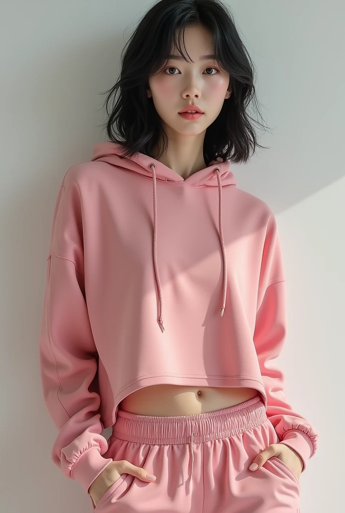 (blue hair:1.4), short hair, realistic green eyes, cobalt hair,  long bob hair, tousled hair, shoulder length hair, Full body, woman with white skin and Asian features, 24 year old, big breast. She has a small, elegant nose with a slight upward curve at the tip. Her lips are full and naturally pink, with a well-defined Cupid's bow. Her teeth are straight and white, enhancing her captivating smile. Her face has an oval shape with high cheekbones that add to her model-like appearance. (crack), detailed (texture!, shine, color!!, flaws: 1.1), highly detailed glowing eyes, (looking at camera), specular light, dslr, extreme quality, crystal clear, cute face, detailed skin pores, oil Dark skin, brown, complex eye details, she is far from the camera, A full-body portrait, captured from a distance. Dynamic Frame, 8K, Best Quality, Realistic, full body Realism, beautiful hairstyle, Professional Woman Photography, Artistic background、Flirting,  beautiful villain woman photo, ((pink gangster style)), pantyshot, Open front, pink Skirt, ((pink hoodie)), Realistic, Beautiful lips, Pink checked pleated skirt, of the highest quality, Ultra Detail, Naughty angles, Back lighting, (short hair:1.2)