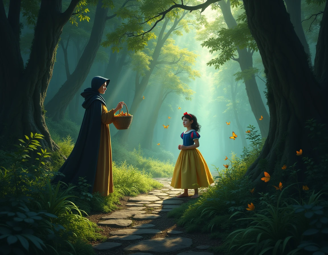 Snow White and the Seven Dwarfs, evil queen handing a mirror to snow white as a child in the forest with animals