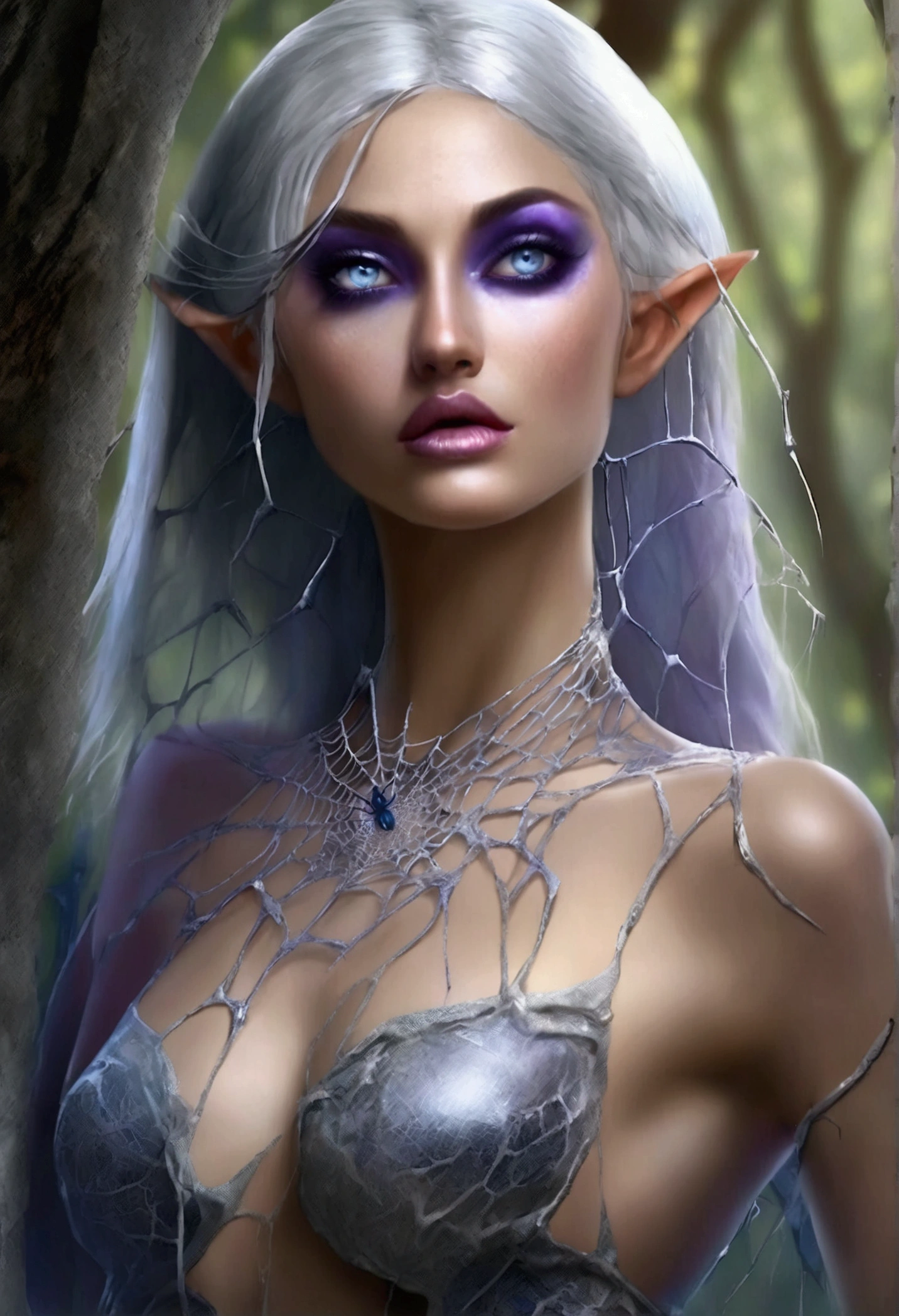 fullbody, (best quality, masterpiece, perfect face), 1girl, female, drow, elf, long elf ears, ((grey skin)), (white eyes), detailed eyes, gorgeous eyes, light peach lips, (priestess, elegant), ((intricate white flowing dress)), (lotr dress), fantasy forest background, (hyper realism), (pale white skin), cleavage, (dramatic light), (HDR), (perfect body), jewelry, (seductive, sexy, alluring), perfect lighting, perfect shading, volumetric lighting, subsurface scattering, perfect lips, (photorealistic:1.5), (fantasy art), DND, (beautiful, stunning, gorgeous),