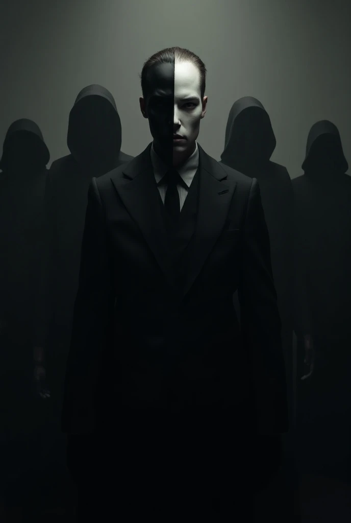 Create a logo with the name SECRET ORDER with men and women wearing masks with a black skull behind a black background