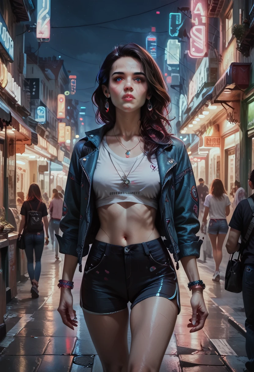 neon lit street, night scene, girl walking down the street, tight shorts, neon lights, detailed face, beautiful eyes, detailed lips, realistic, photorealistic, cinematic lighting, vibrant colors, 8k, high resolution, detailed background, shop windows, atmospheric, moody, dynamic pose