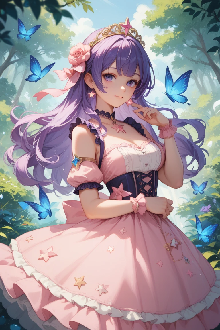 a virtual idol dynamic shot with long purple hair and pink dress in a magical forest stars shining