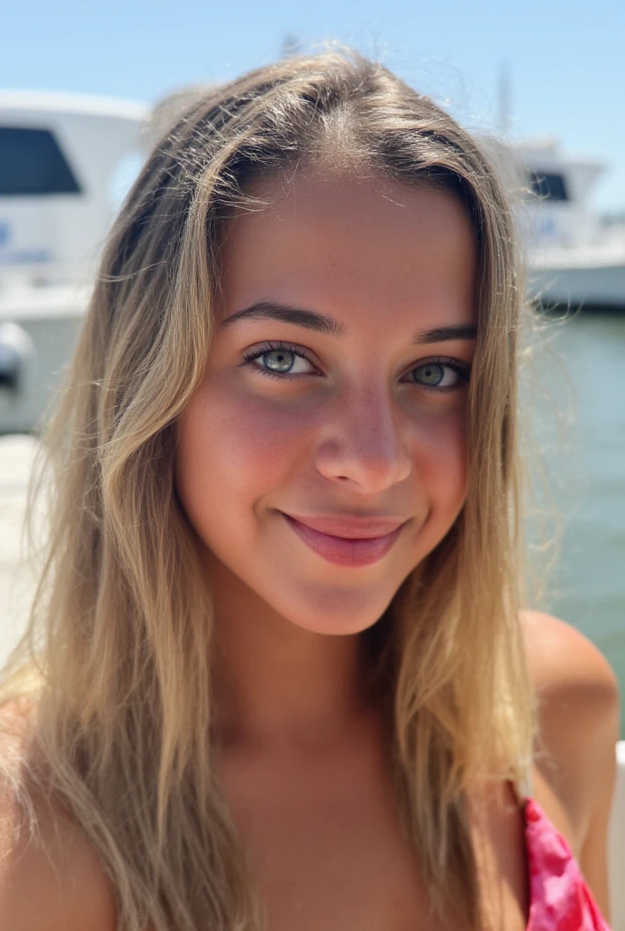 close up of a stunning young woman, <lora:c4r0l1n4sw33ts:1> posing in a stunning red dress, on a yacht, vacation, island in background, gold necklace, neck choker, highly detailed face, RAW, 8K, UHD, natural lighting, natural skin, amateur, candid, [adorable smile], blonde, gray eyes