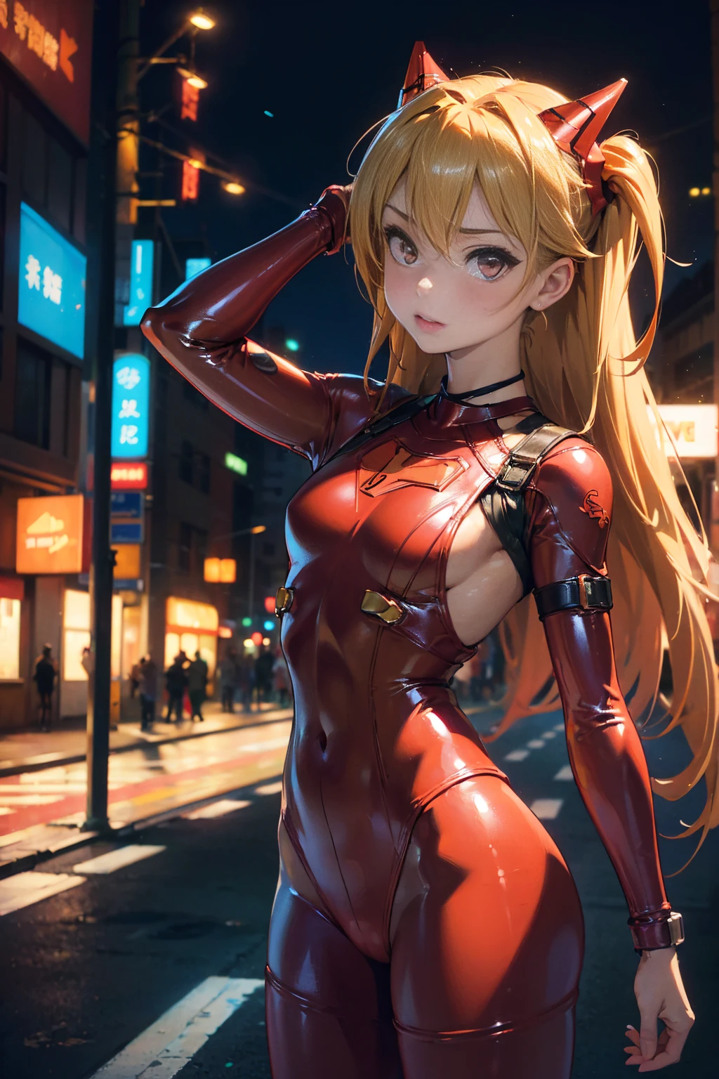 (photorealistic:1.8, highest quality:1.8,8K masterpiece:1.8,High resolution,muste piece:1.8,RAW Photos,cinematic lighting),
cyber punk、Back alley at night in the city、rain-soaked ground、vapor、
(1 android girl:1.3)、Completely naked、shirt、bondage、choker、knee high tights、Nipple piercing、beautiful butt,beautiful thighs,plump nipples,Nipples are visible through the costume、(Soryu Asuka Langley)(character focuidium Hair:1.2,beautiful shining blonde hair:1.5)、
(elation:1.4)、Impish Smile、
plump nipples、(cameltoe),No split screen,slender abs:1.2,(Young sensual gravure idol)