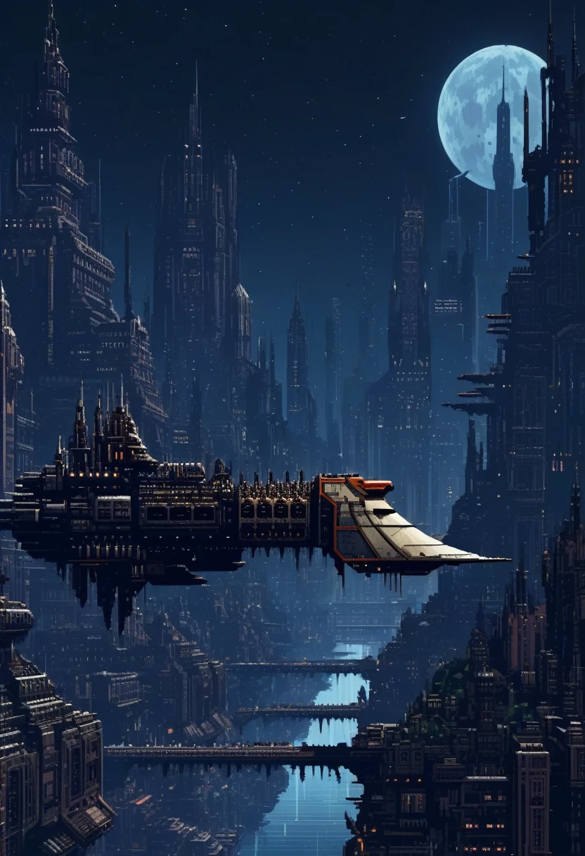 pixelart style, a futuristic city with a large impstarship in the background , gothic architecture