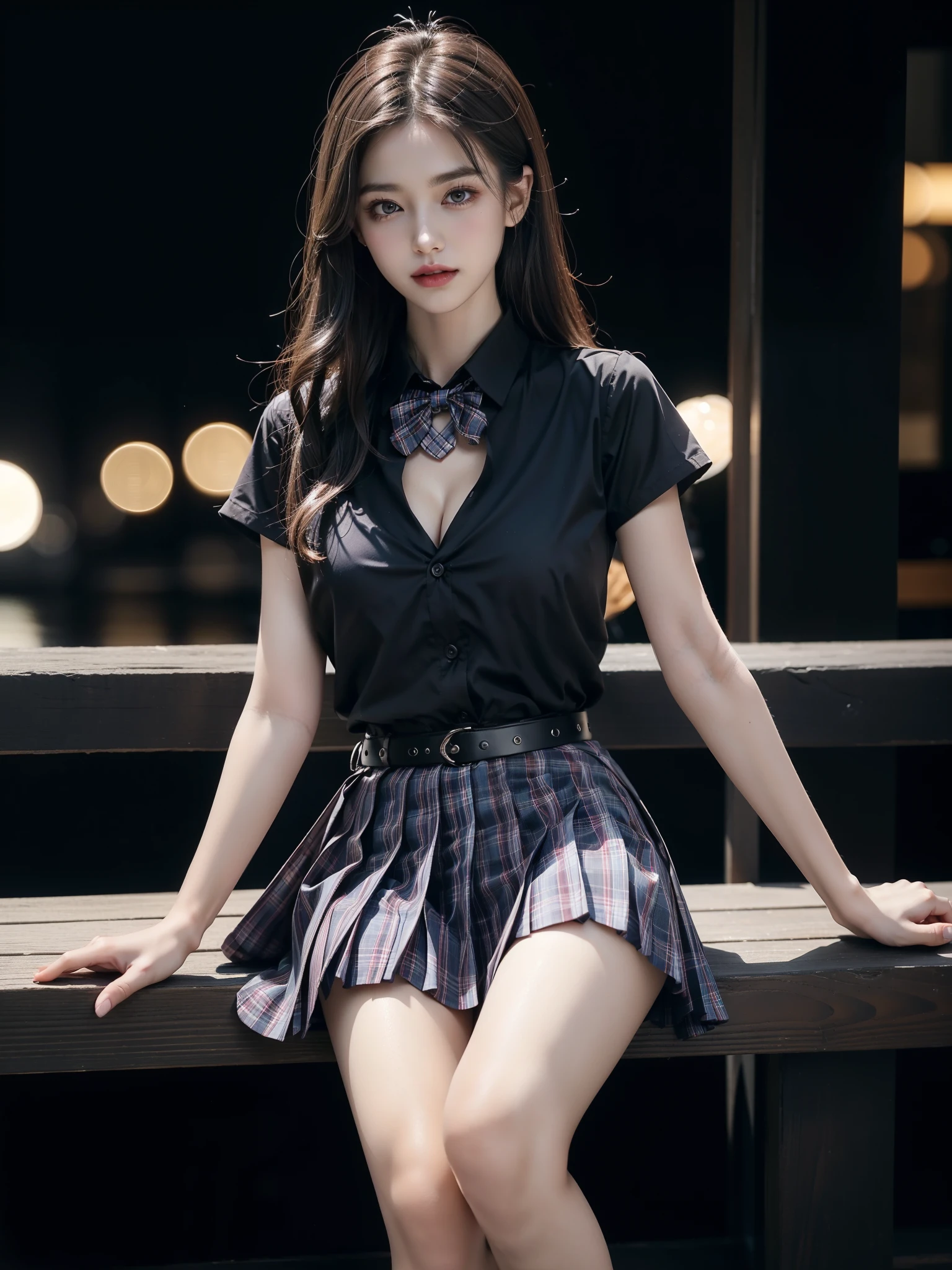 skirt,plaid necktie,belt,plaid skirt,black shirt,bowtie, (masterpiece, photorealistic), ultra detailed, full body shot, (young beautiful woman:1.4), (Pleated skirts, short skirts, mini skirts, Very short hemline), sitting on ground gracefully, perfect anatomy, (natural feminine pose:1.3), one leg bent elegantly, other leg relaxed, one hand playing with long flowing hair, other hand lifting dress hem delicately, hourglass figure, ample breasts, visible cleavage, long silky hair, slim waist, flawless skin, seductive expression, soft smile, perfect face, detailed eyes, long eyelashes, rosy lips, night scene, moonlight casting shadows, ambient lighting, depth of field, bokeh background, professional photography, sharp focus, high detail, 8k uhd, dramatic lighting, cinematic composition, high-end fashion photography