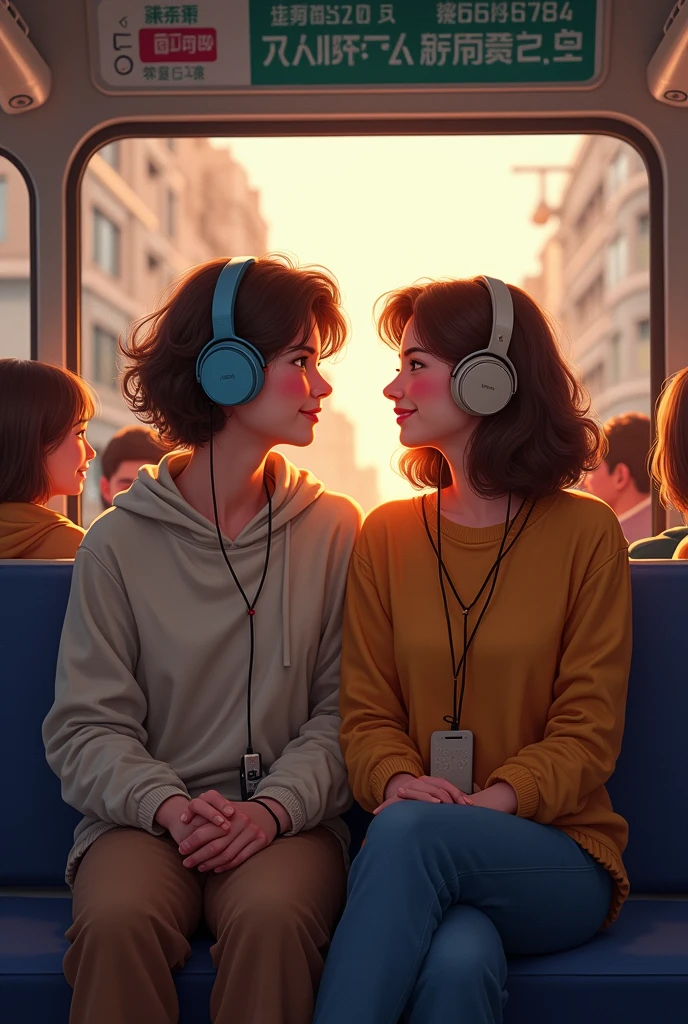 Two girls sitting in the train, listening in the same white earphones. One with brownish curly hair and the other with wavy jet black hair.