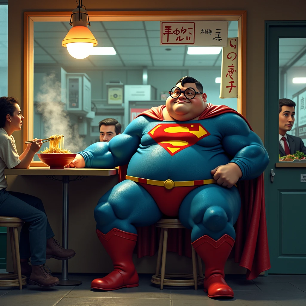 "A hyperrealistic conceptual painting of an overweight, hairy batman cooking in his underwear, wearing a dirty apron, in a kitchen designed by architect Zaha Hadid. The kitchen is open-plan with a central island, featuring sleek, curvaceous lines and futuristic architecture, typical of Hadid's style. The superhero is depicted with exaggerated, comic-book-style features, blending elements of hyperrealism and pop art. The scene is vibrant and playful, with modern kitchen appliances and unique, fluid shapes that define the space, adding a humorous contrast between the superhero and his surroundings."