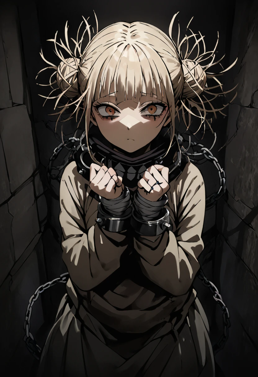  Himiko toga from my hero akademia Handcuffed with her hands folded in front (detained) with the cuffs wrapped around their wrists in each hand with a small chain joining the ends of the handcuffs (Alone in a dark place ) ( with no accessories around the neck)