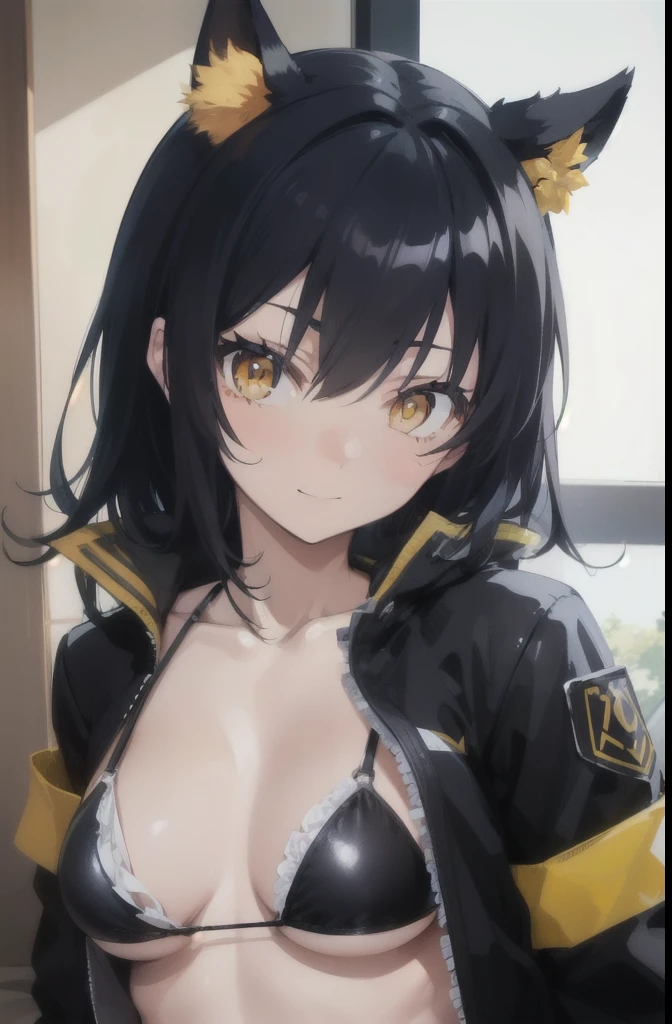 Tamaki kotatsu, tamaki, (yellow eyes:1.5), black hair, black bikini , belly exposed, smiling, full body, cute, blushing, open black jacket, detailed jacket, blue stripes on jacket, full body shown,
BREAK looking at viewer
, normal room,
BREAK (masterpiece:1.2), best quality, high resolution, unity 8k wallpaper, (illustration:0.8), (beautiful detailed eyes:1.6), extremely detailed face and body and hair, perfect lighting, extremely detailed CG, (perfect hands, perfect anatomy), cute face