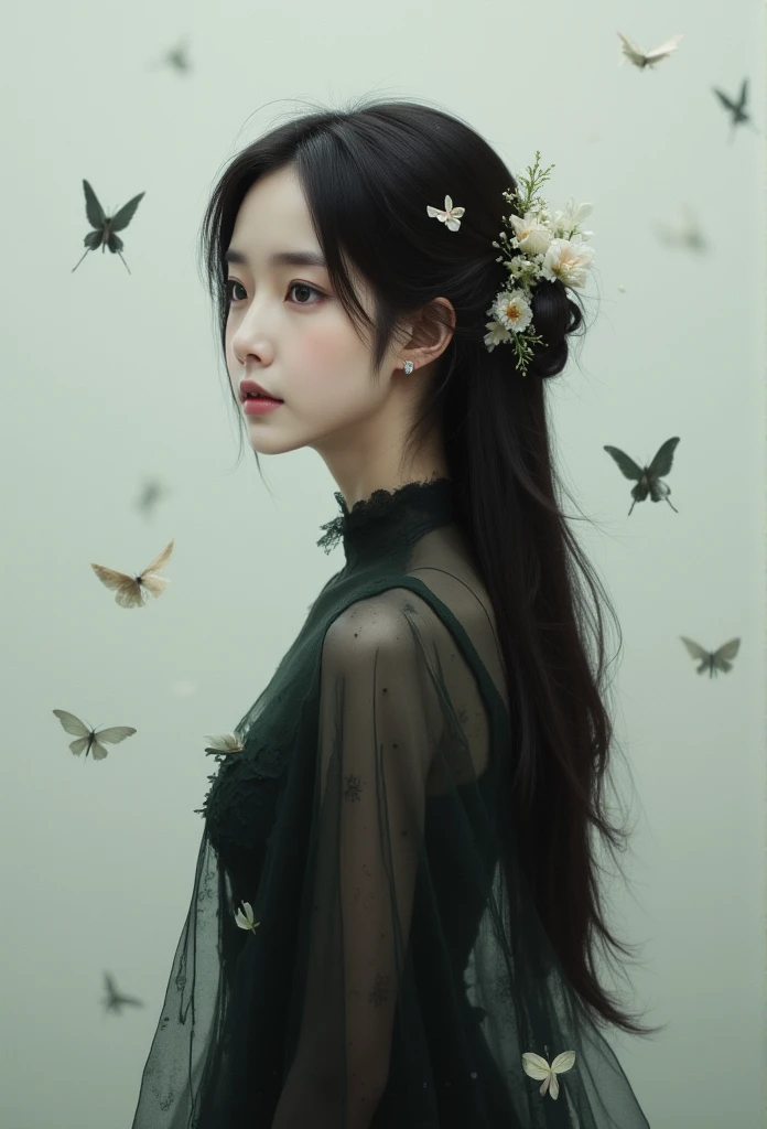 A hyper-realistic, ethereal digital painting of a young East-Asian woman with long, flowing black hair cascading around her. Her hair is adorned with delicate, pale flowers and small leaves, giving her an otherworldly and enchanted appearance. She stands in a mysterious, elegant pose with her head tilted slightly, gazing thoughtfully off into the distance. Her skin is porcelain-pale, creating a stark contrast against the dark, sheer fabric that drapes her form, resembling a ghostly or spectral cloak. Her expression is both melancholic and serene, with a single, subtle tear running down her cheek, enhancing the emotional depth of the scene.

Her attire blends seamlessly with her surroundings, creating an almost incorporeal effect where the edges of her clothing fade into abstract, painterly strokes. Soft butterflies and translucent petals seem to float around her, as if suspended in time, adding a surreal touch to the image. The background is an airy, pale gray, accentuating her form and the delicate details of her attire and adornments. The lighting is soft, casting subtle shadows and highlights that give a three-dimensional quality to her features and the textures of her clothing.

Intricate details such as faint textures on her sheer, dark sleeves, small flowers and leaves interwoven into her hair, and the gentle wisps of fabric drifting in the air contribute to the surreal beauty of the scene. The overall color palette is muted, with a focus on grayscale tones, subtle greens, and faint whites, lending an ethereal, haunting atmosphere to the composition. The style is both surreal and hyper-detailed, reminiscent of a fantasy or dark fairytale, capturing a balance between beauty, mystery, and sadness.