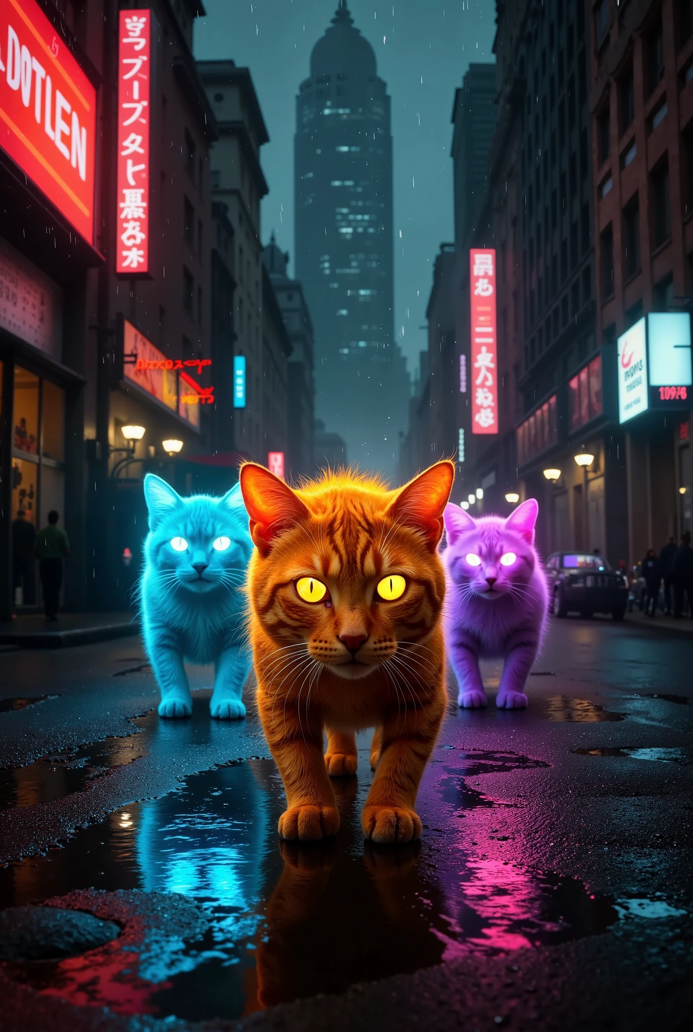 Create an ultra-realistic, cinematic scene featuring a gang of neon-lit cats prowling through a rain-soaked, neon-lit cyberpunk city street at night. Each cat’s fur glows with unique neon colors—electric blues, vibrant purples, and vivid pinks—casting an otherworldly glow around them as they move in unison. Their eyes shine in intense neon greens and yellows, reflecting the city's lights with a piercing, mysterious gaze. The gang is framed against a gritty urban backdrop of towering skyscrapers lined with neon signs, holographic billboards, and flickering advertisements. Reflections from the neon lights ripple across the wet pavement, adding depth and atmosphere to the scene. Light rain falls, highlighting the cats’ illuminated fur and creating a dramatic, immersive cyberpunk effect. Captured from a low angle with a 35mm f/1.8 lens, the shot emphasizes the cats’ unity and power, with a shallow depth of field for a cinematic focus on their forms. Inspired by the styles of Ridley Scott and Denis Villeneuve, the scene blends high contrast, sharp details, and vibrant colors, creating a visually stunning, award-winning cyberpunk masterpiece.