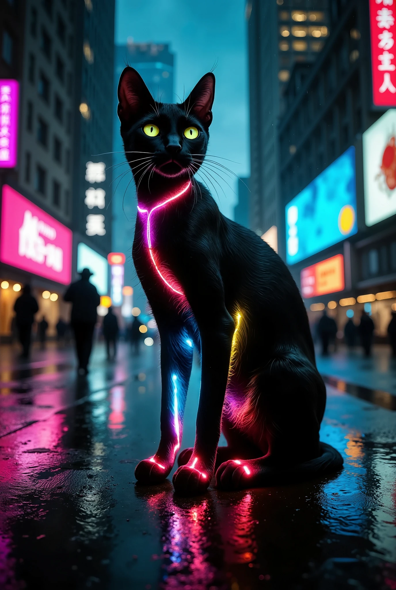 Create an ultra-realistic, cinematic scene featuring a gang of neon-lit cats prowling through a rain-soaked, neon-lit cyberpunk city street at night. Each cat’s fur glows with unique neon colors—electric blues, vibrant purples, and vivid pinks—casting an otherworldly glow around them as they move in unison. Their eyes shine in intense neon greens and yellows, reflecting the city's lights with a piercing, mysterious gaze. The gang is framed against a gritty urban backdrop of towering skyscrapers lined with neon signs, holographic billboards, and flickering advertisements. Reflections from the neon lights ripple across the wet pavement, adding depth and atmosphere to the scene. Light rain falls, highlighting the cats’ illuminated fur and creating a dramatic, immersive cyberpunk effect. Captured from a low angle with a 35mm f/1.8 lens, the shot emphasizes the cats’ unity and power, with a shallow depth of field for a cinematic focus on their forms. Inspired by the styles of Ridley Scott and Denis Villeneuve, the scene blends high contrast, sharp details, and vibrant colors, creating a visually stunning, award-winning cyberpunk masterpiece.