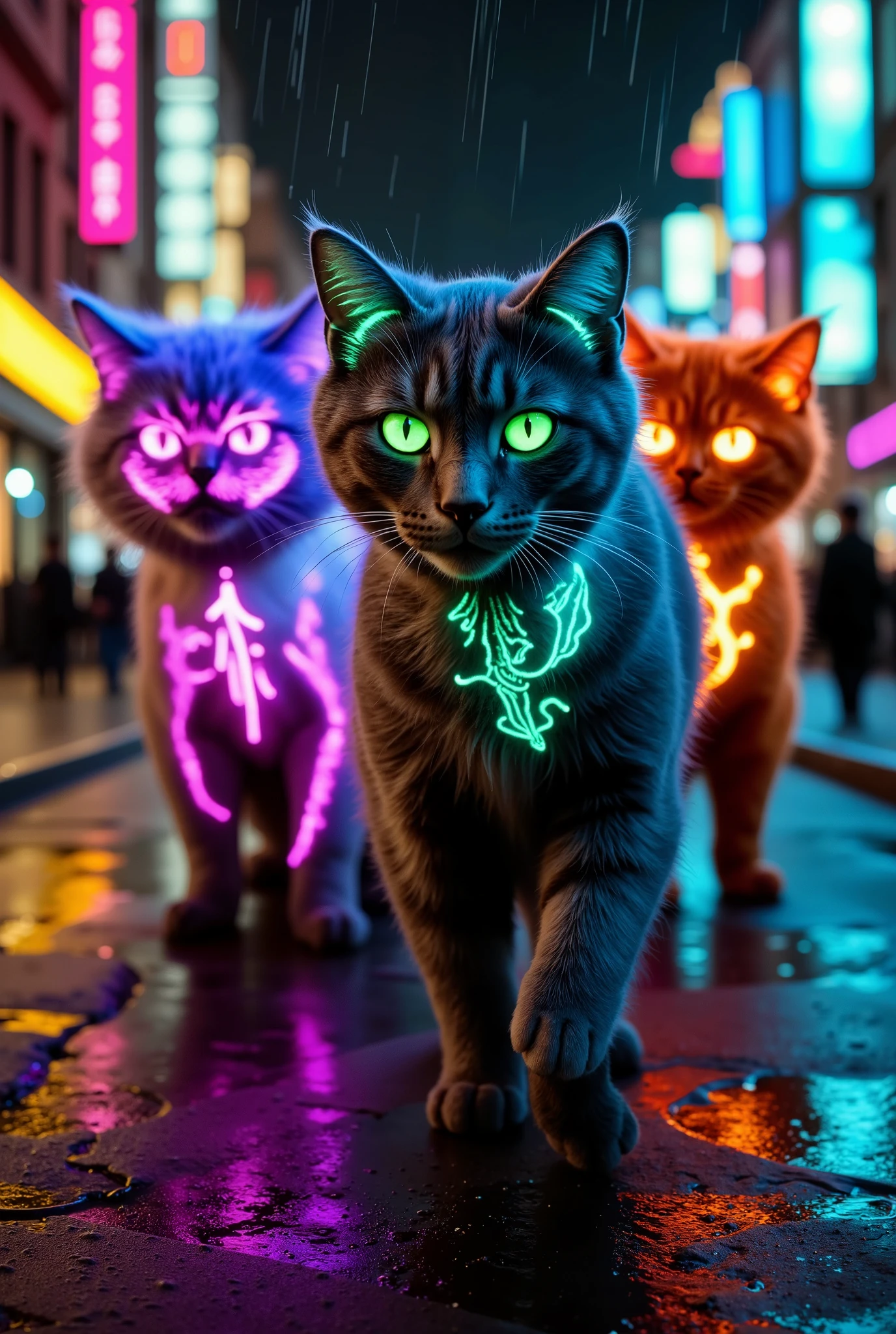 Create an ultra-realistic, cinematic scene featuring a gang of neon-lit cats prowling through a rain-soaked, neon-lit cyberpunk city street at night. Each cat’s fur glows with unique neon colors—electric blues, vibrant purples, and vivid pinks—casting an otherworldly glow around them as they move in unison. Their eyes shine in intense neon greens and yellows, reflecting the city's lights with a piercing, mysterious gaze. The gang is framed against a gritty urban backdrop of towering skyscrapers lined with neon signs, holographic billboards, and flickering advertisements. Reflections from the neon lights ripple across the wet pavement, adding depth and atmosphere to the scene. Light rain falls, highlighting the cats’ illuminated fur and creating a dramatic, immersive cyberpunk effect. Captured from a low angle with a 35mm f/1.8 lens, the shot emphasizes the cats’ unity and power, with a shallow depth of field for a cinematic focus on their forms. Inspired by the styles of Ridley Scott and Denis Villeneuve, the scene blends high contrast, sharp details, and vibrant colors, creating a visually stunning, award-winning cyberpunk masterpiece.