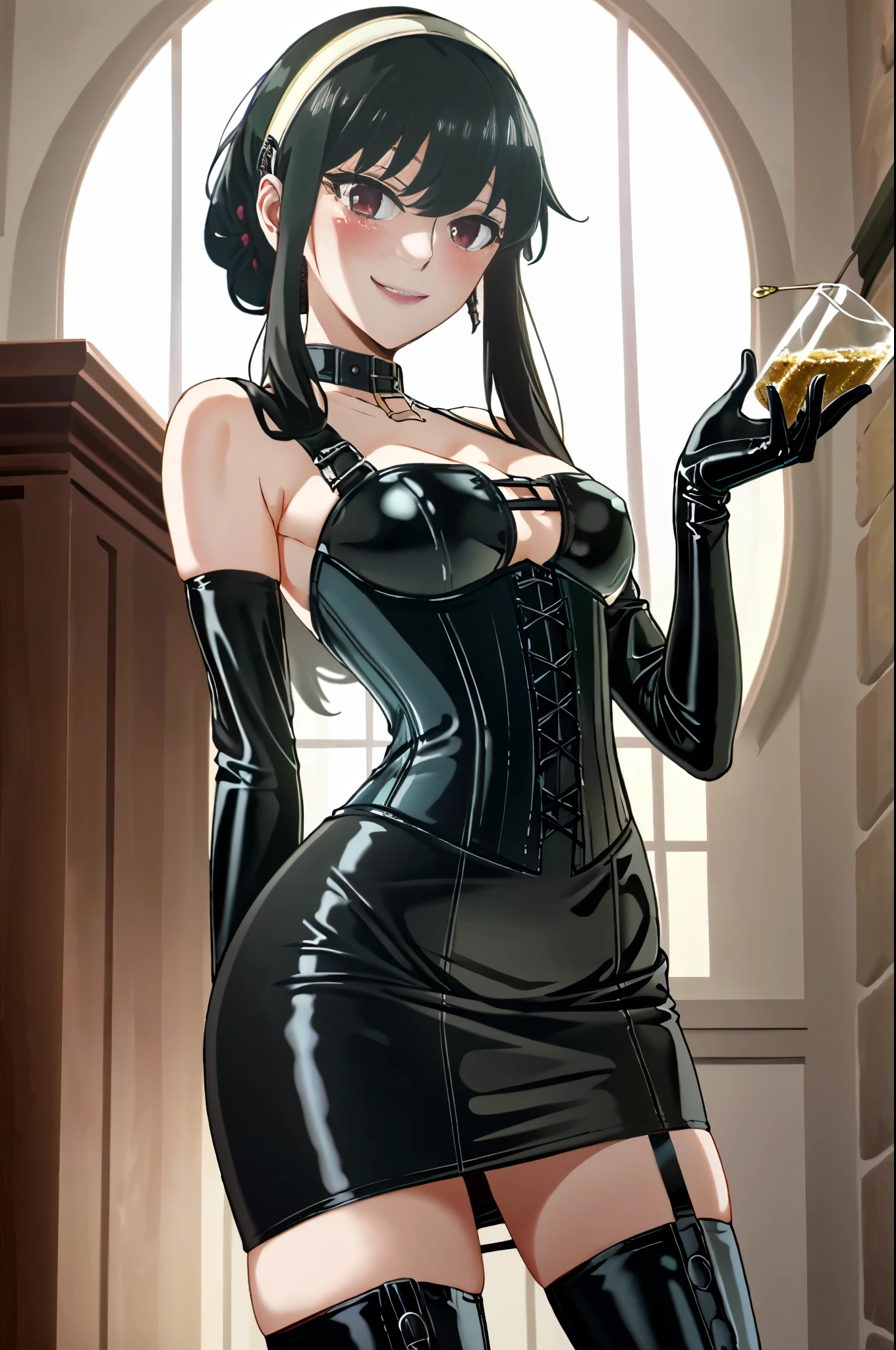 BDSM、Queen、mistress、(((One girl)))、(((solo:1.8)))、(((Black latex elbow gloves:1.4)))、((( black latex corset dress :1.4)))、((( corset dress is adorned with beautiful lace)))、((( corset dress with shoulder straps )))、((( black latex tight mini skirt:1.4)))、((( Black Thigh-High Boots :1.4)))、(((Black rubber tights:1.2)))、(((Stiletto heel boots:1.4)))、((( black latex high leg panties )))、(((Black latex bra)))、(((Black leather collar)))、((( sexy pose :1.4 )))、 wide thigh opening:1.2、((( erotic)))、((( cowboy shots)))、 close-up 、((( place both hands on the lower back )))、Beautiful eyes with highlights、Beautiful, smooth skin、Two perfect anatomical arms、Two perfect anatomical legs、(Four perfect fingers and one thumb)、((( place your left hand on your lower back)))、(((I have a beaker in my right hand :1.4)))、((( A girl is pouring pee into the beaker)))、((( the beaker contains pee )))、((Best Quality))、(( several people having fun with each other while having very detailed ))、 Supreme Masterpiece、 several people having fun with each other while having very detailed 顔、 detailed eyes on board、 beautiful face、 beautiful eyes、Yol Forger、 black hair、long hair、ショートヘア with long locks、bangs、 side lock、 golden hair band 、 Red Eyes、clavicle、邪悪なsmile、smile、Contempt、contempt、Cold Stare、 smirking 、blush、 sweated