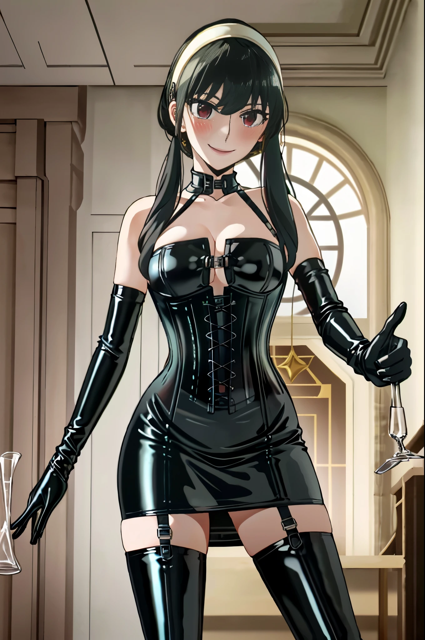 BDSM、Queen、mistress、(((One girl)))、(((solo:1.8)))、(((Black latex elbow gloves:1.4)))、((( black latex corset dress :1.4)))、((( corset dress is adorned with beautiful lace)))、((( corset dress with shoulder straps )))、((( black latex tight mini skirt:1.4)))、((( Black Thigh-High Boots :1.4)))、(((Black rubber tights:1.2)))、(((Stiletto heel boots:1.4)))、((( black latex high leg panties )))、(((Black latex bra)))、(((Black leather collar)))、((( sexy pose :1.4 )))、 wide thigh opening:1.2、((( erotic)))、((( cowboy shots)))、 close-up 、((( place both hands on the lower back )))、Beautiful eyes with highlights、Beautiful, smooth skin、Two perfect anatomical arms、Two perfect anatomical legs、(Four perfect fingers and one thumb)、((( place your left hand on your lower back)))、(((I have a beaker in my right hand :1.4)))、((( A girl is pouring pee into the beaker)))、((( the beaker contains pee )))、((Best Quality))、(( several people having fun with each other while having very detailed ))、 Supreme Masterpiece、 several people having fun with each other while having very detailed 顔、 detailed eyes on board、 beautiful face、 beautiful eyes、Yol Forger、 black hair、long hair、ショートヘア with long locks、bangs、 side lock、 golden hair band 、 Red Eyes、clavicle、邪悪なsmile、smile、Contempt、contempt、Cold Stare、 smirking 、blush、 sweated