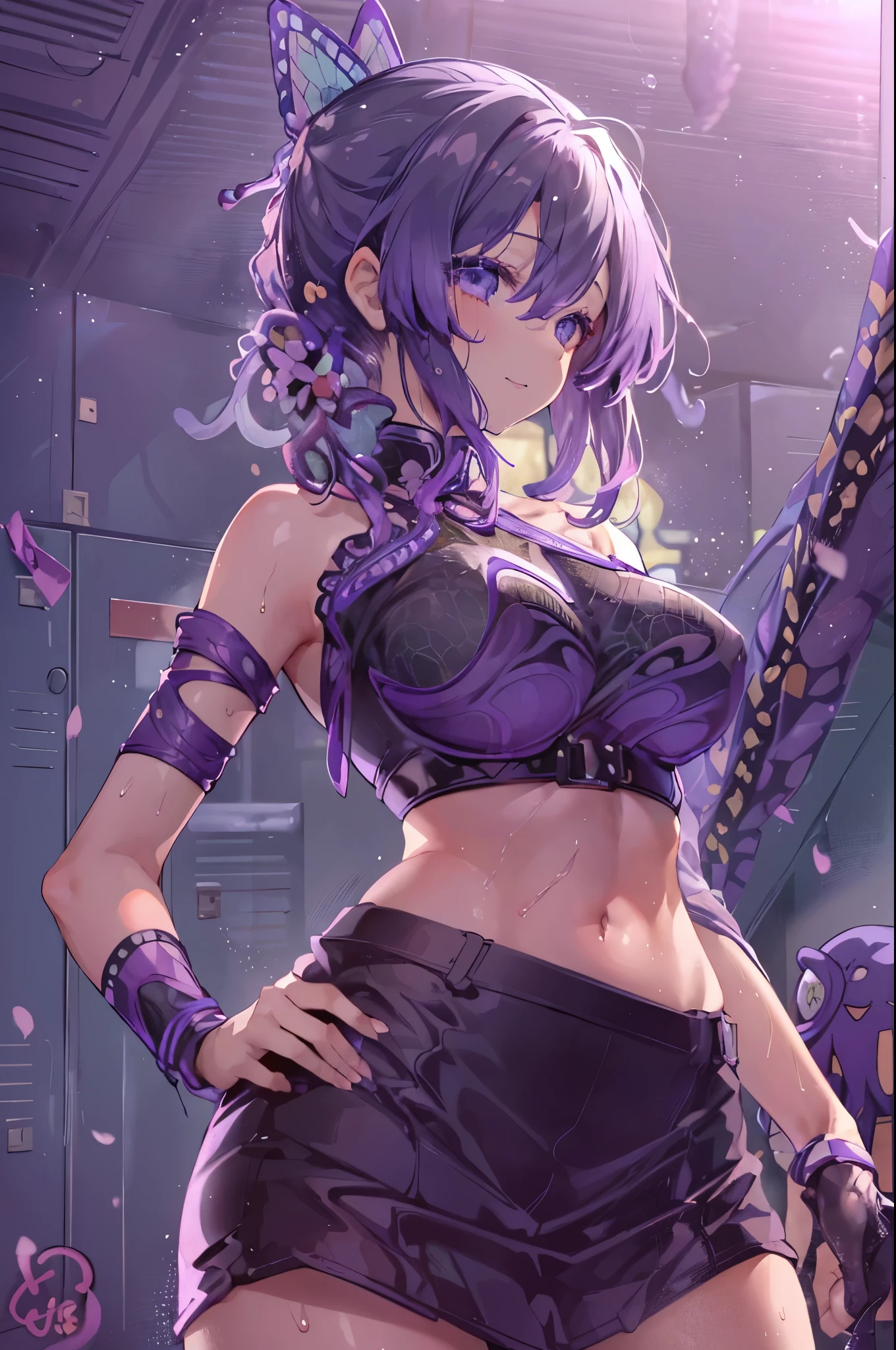 masterpiece, best quality, absurdres, highres, (official art, beautiful and aesthetic:1.2), ultra detail, beautiful person, mature female, 1girl,
narrow waist, wide hips, large breasts,
cleavage, cotton pencil skirt, upskirt, white thong, pantyshot,
seele hsr, purple_hair, ponytail, long_hair, breasts, bangs, gloves, cleavage, hair_between_eyes, purple_eyes, boots, black_gloves, fingerless_gloves, black_footwear, machinery, <lora:jean_divineElegance:0.6> <lora:seele_hsr:0.4>